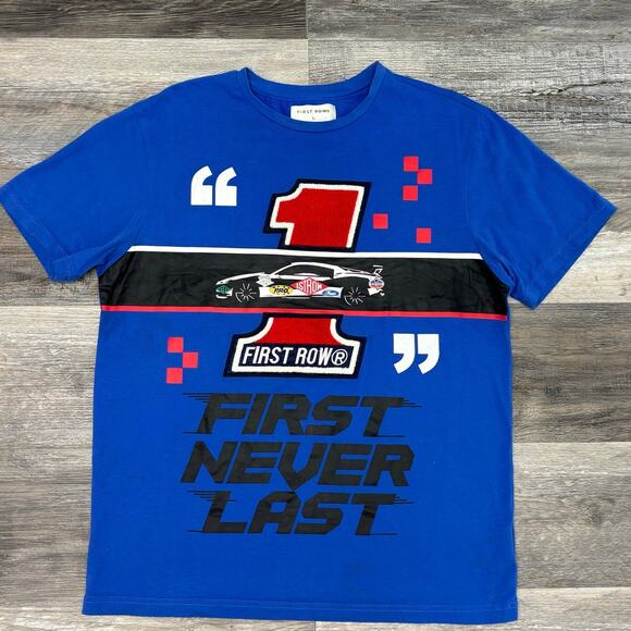 First Row First Never‎ Last Blue Mens L Racing Sportscar Chenille Patch T-Shirt - Picture 1 of 12